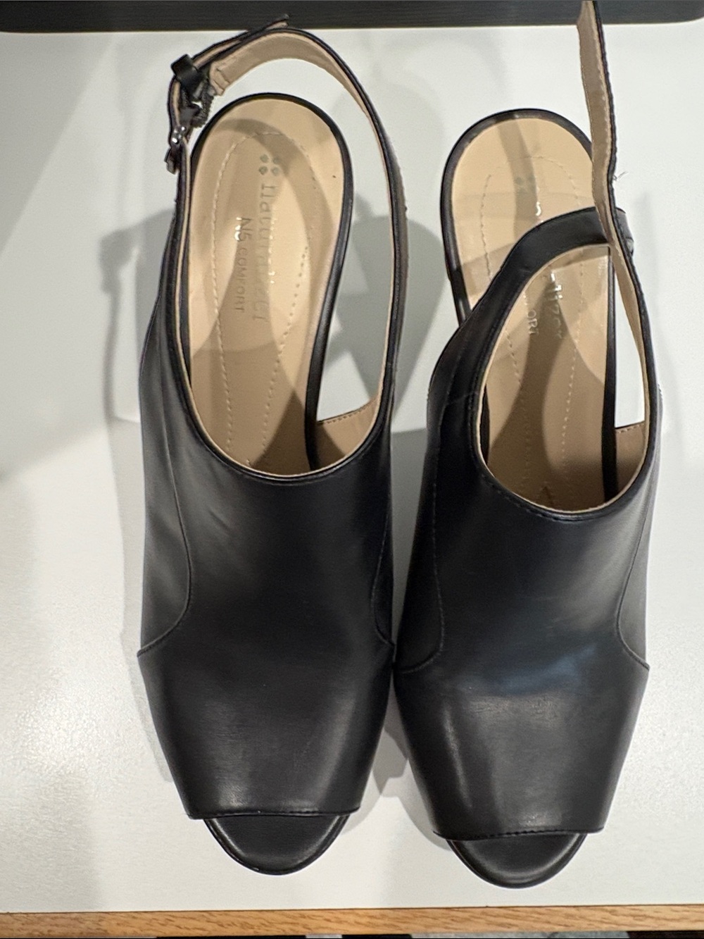 Naturalizer Black Leather Square Peep-Toe Slingback Heels